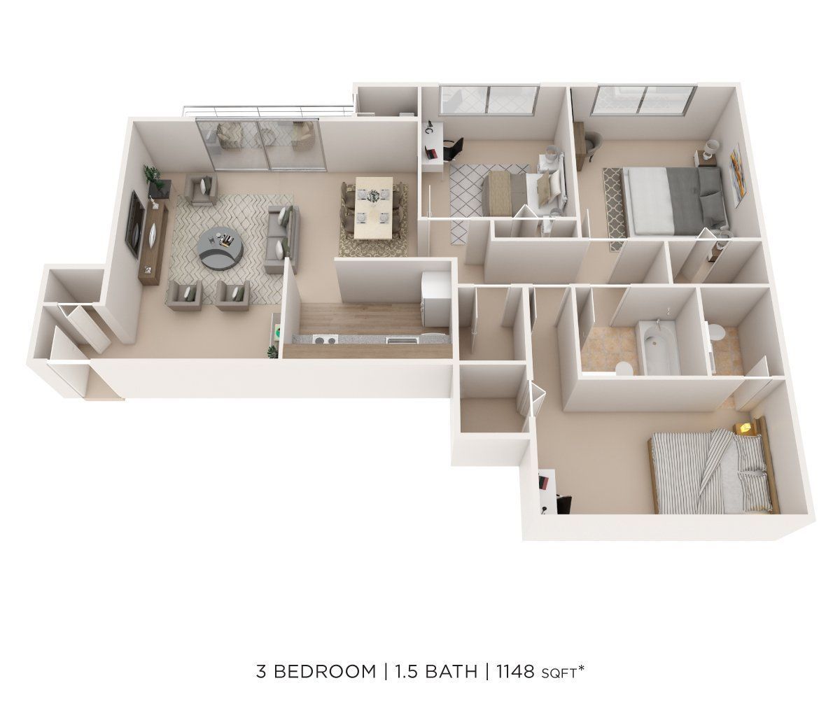 3-bedroom, 1.5-bath apartment floor plan with living room, kitchen, bedrooms, and bath.