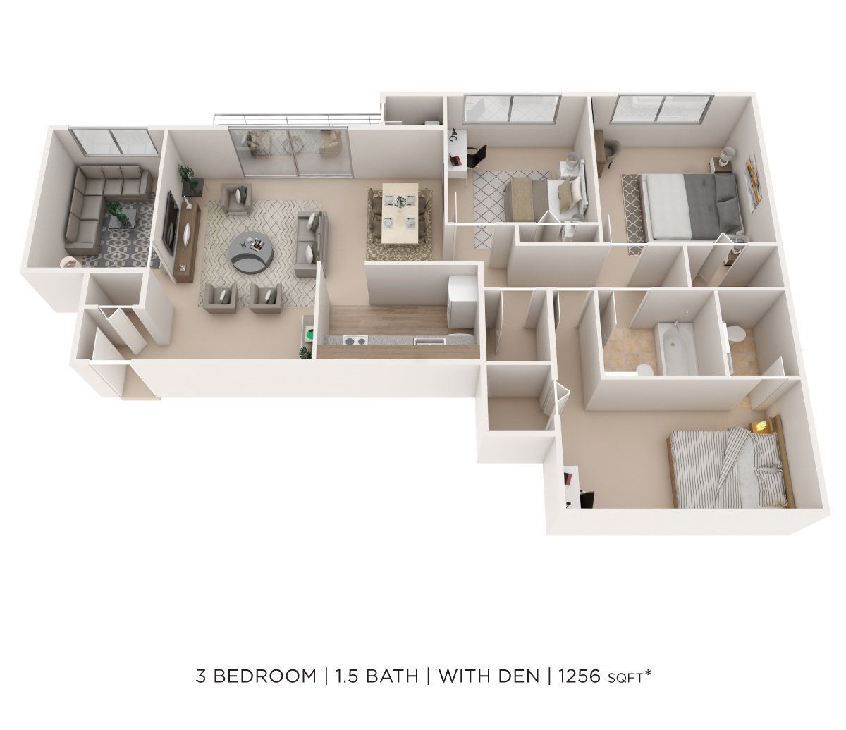 3D floor plan of a beige 3-bedroom, 1.5-bath apartment with a den and living area
