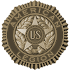 American Legion emblem: bronze circular badge with text and central star.