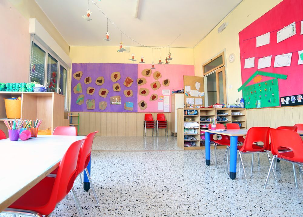 An Empty Classroom With Red Chairs And Tables — Wyong Commercial Cleaning In Berkeley Vale, NSW