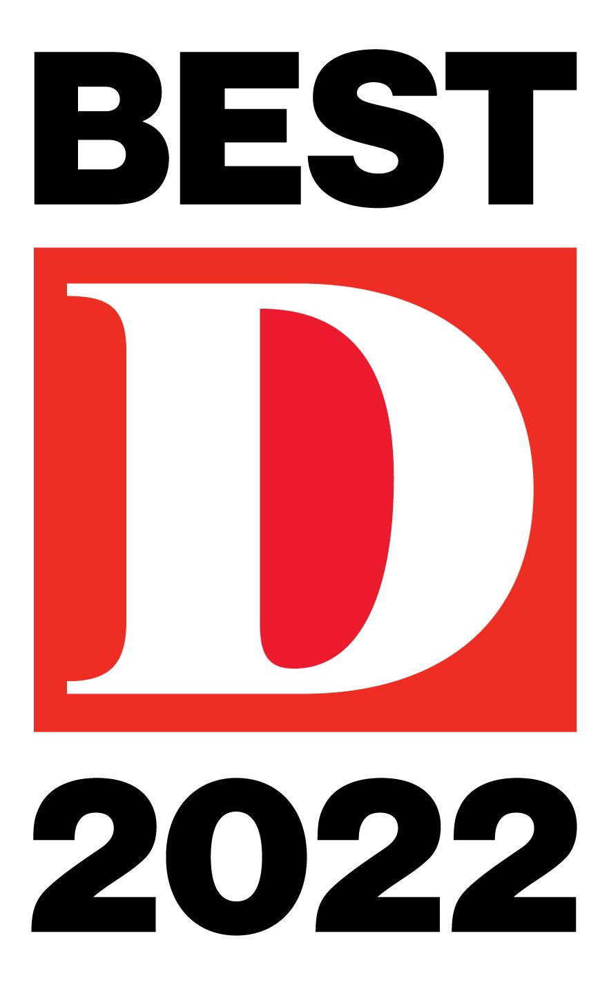 A red and white logo for best d 2022