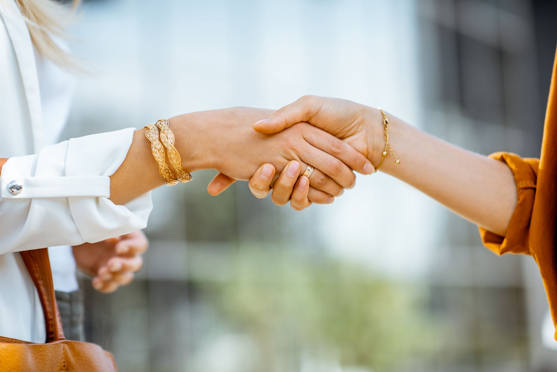 Two women are shaking hands in front of a window.