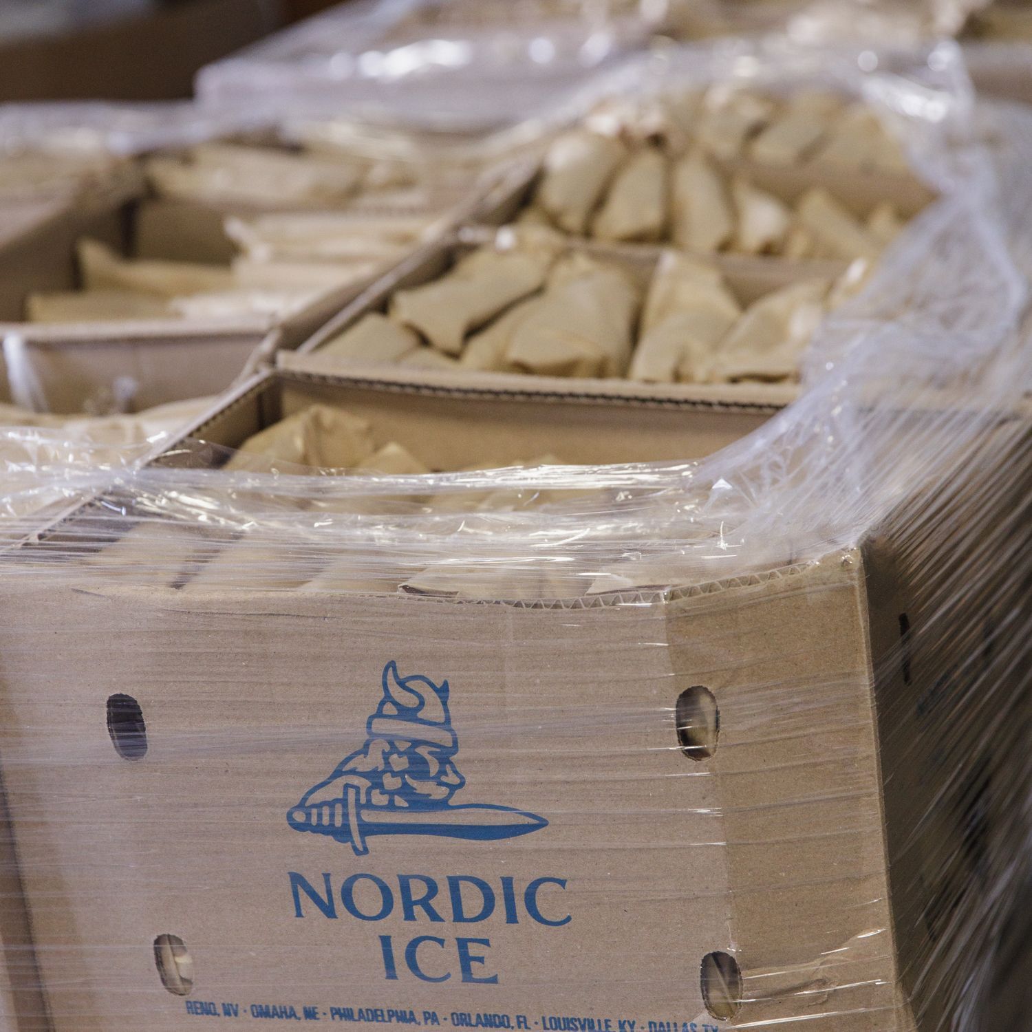 Boxes of nordic ice are wrapped in plastic