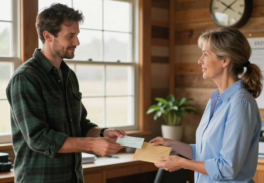 A man in a green plaid shirt hands a ticket to a person in a blue shirt in a sunlit room with wooden walls.