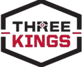 Logo: "THREE KINGS" in white and red text, with a bullseye on the letter "R," within a white and black hexagon.