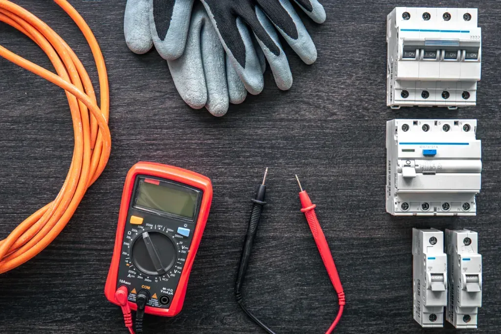 Multimeter, circuit breakers, gloves, and orange wire on dark surface, electrical work tools.