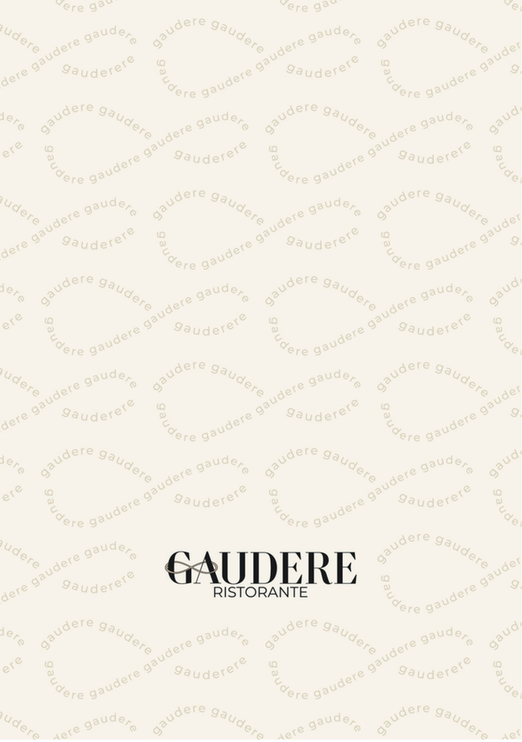 Sfondo color crema con un delicato motivo a puntini e logo nero centrato con la scritta "GAUDERE".