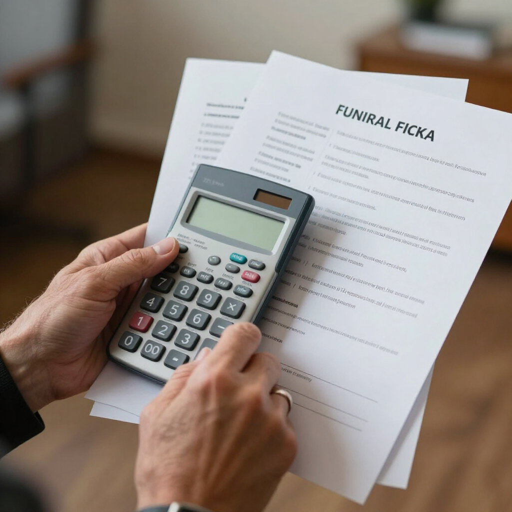 Hands using a calculator on a financial document titled “FUNIRAL FICKA” on a desk