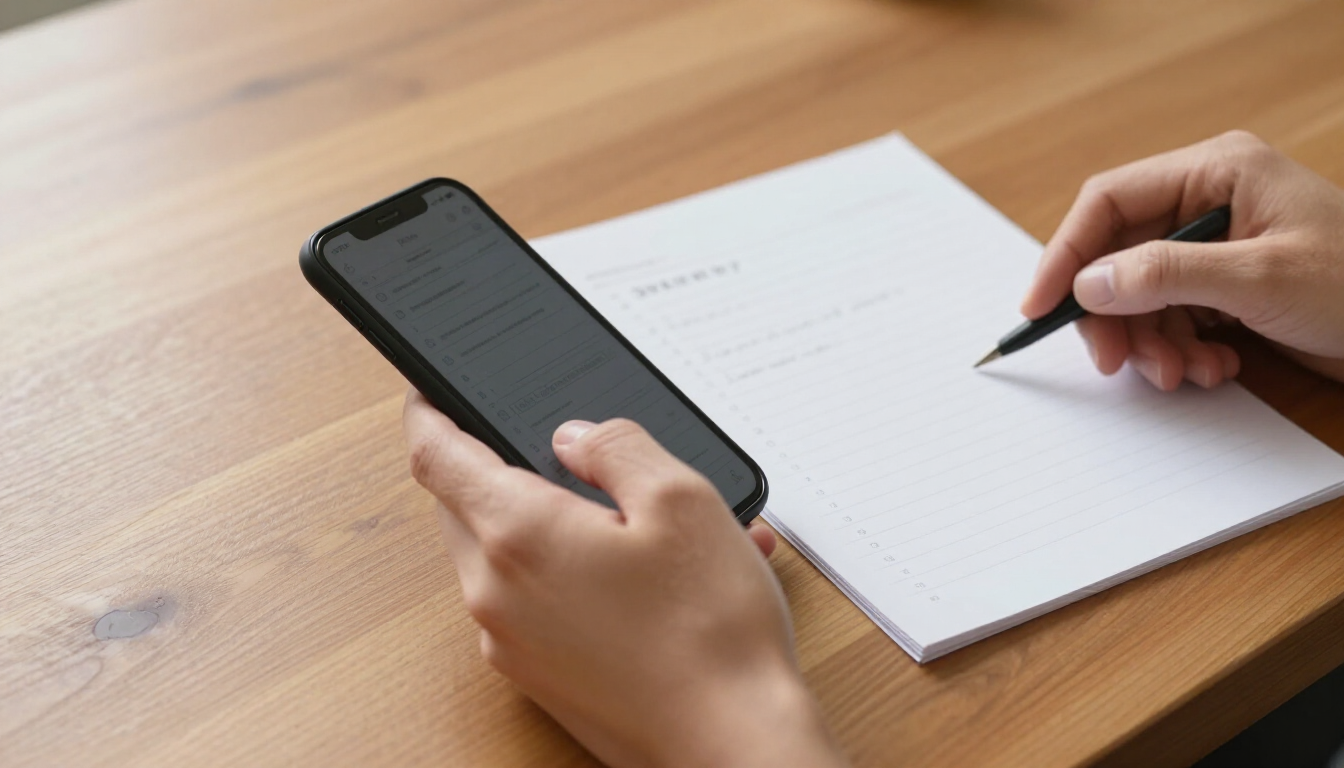 photorealistic caring hands holding a mobile phone and a handwritten list of contacts on a wooden table soft lighting