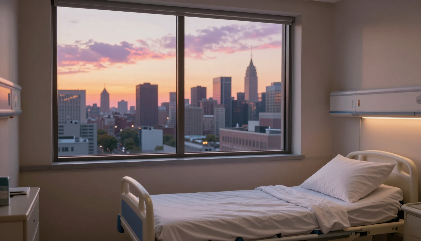 photorealistic peaceful hospital room window with a view of the New Jersey suburban skyline at sunset calm atmosphere