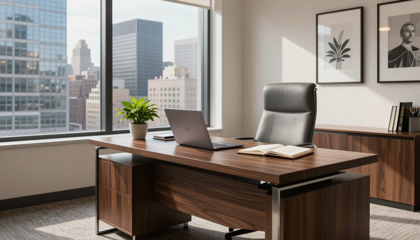 photorealistic professional and compassionate office setting in New Jersey with a view of suburban buildings through the window
