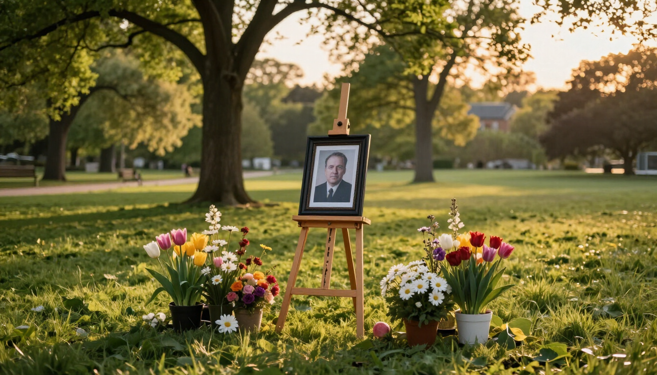 A serene outdoor memorial service setup during sunset, showing a creative alternative to traditional funerals.