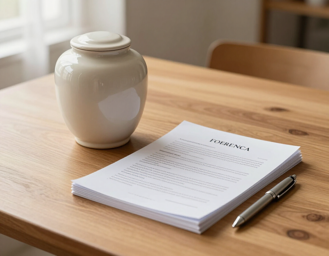 Simple urn and planning documents on a family table
