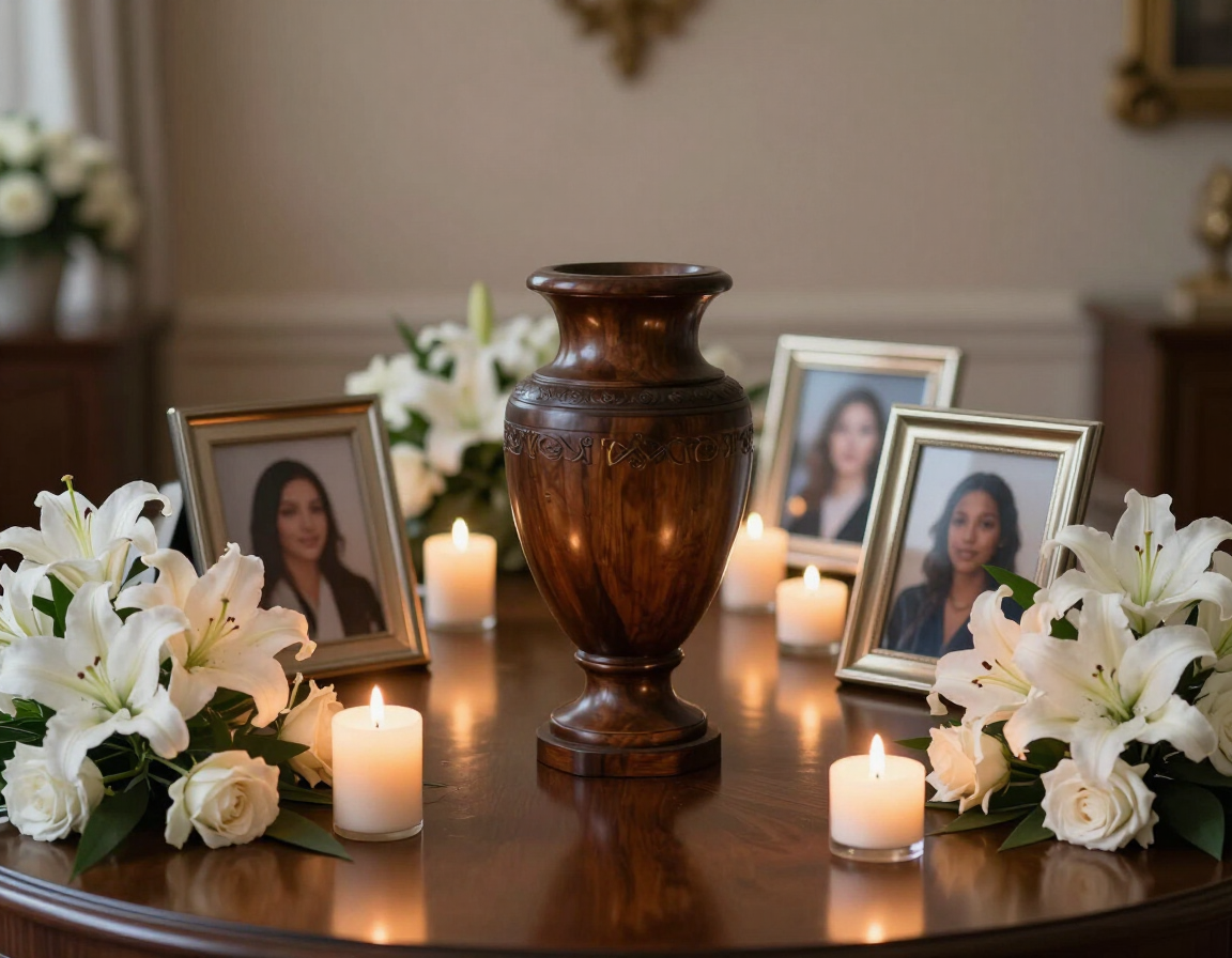 Elegant urn and remembrance table prepared for a memorial service