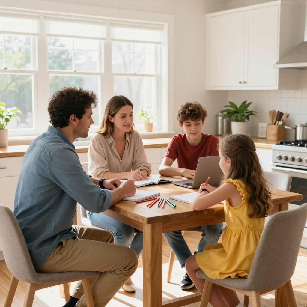 Family playing a board game at a kitchen table in a bright, modern home