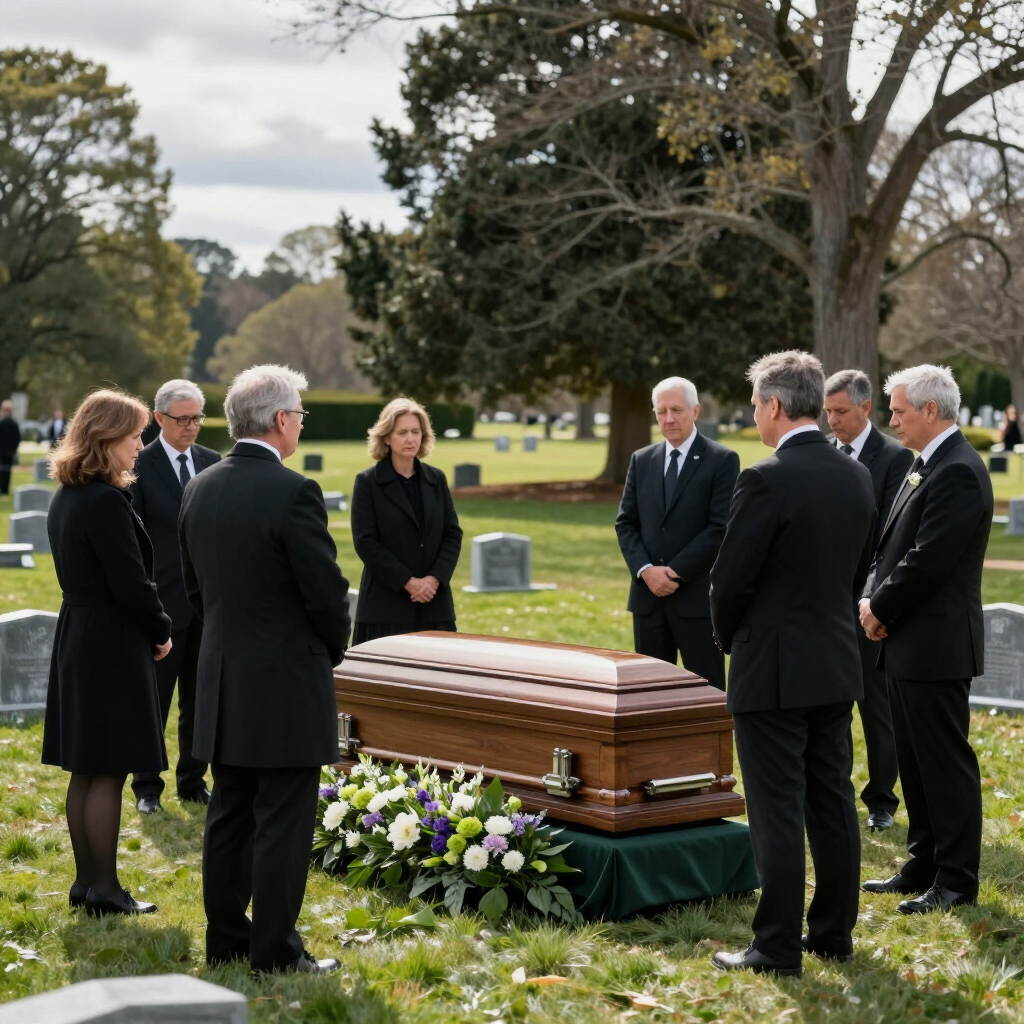 Mourners stand around a casket in a cemetery during a graveside funeral service