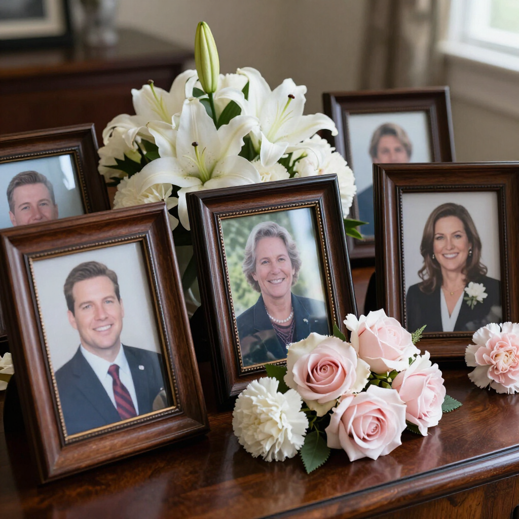 International Funeral Service Southview Trenton NJ - Framed portraits and white lilies with pink roses arranged.
