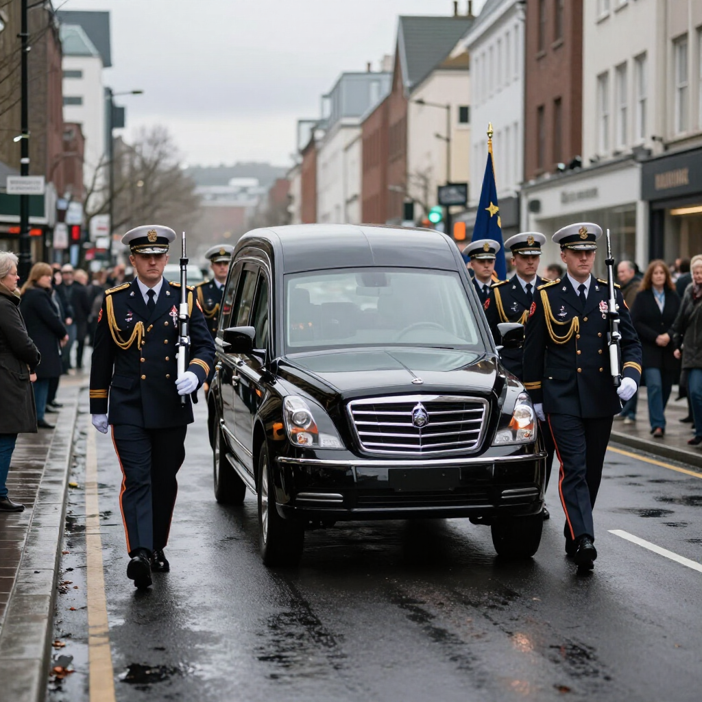 International Funeral Service Southview Trenton NJ - Black hearse in a wet street parade, flanked by uniformed guards.