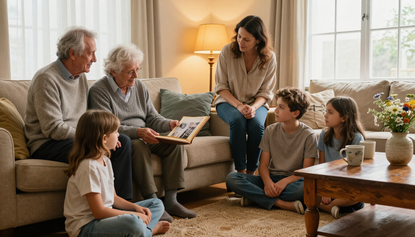 Family gathered in a cozy living room, sharing a book while a woman kneels beside children on the floor.