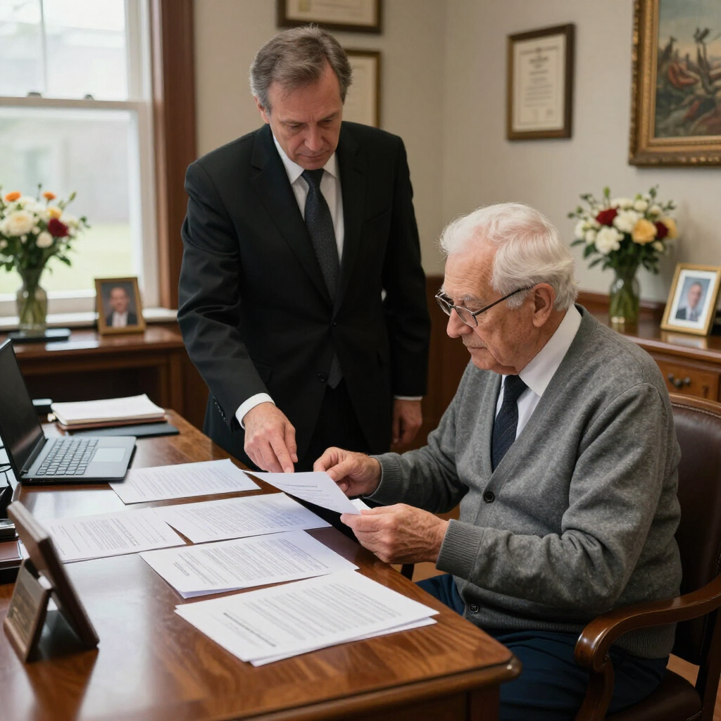 Two men review documents at a wooden desk in an office, with framed photos and flowers nearby.