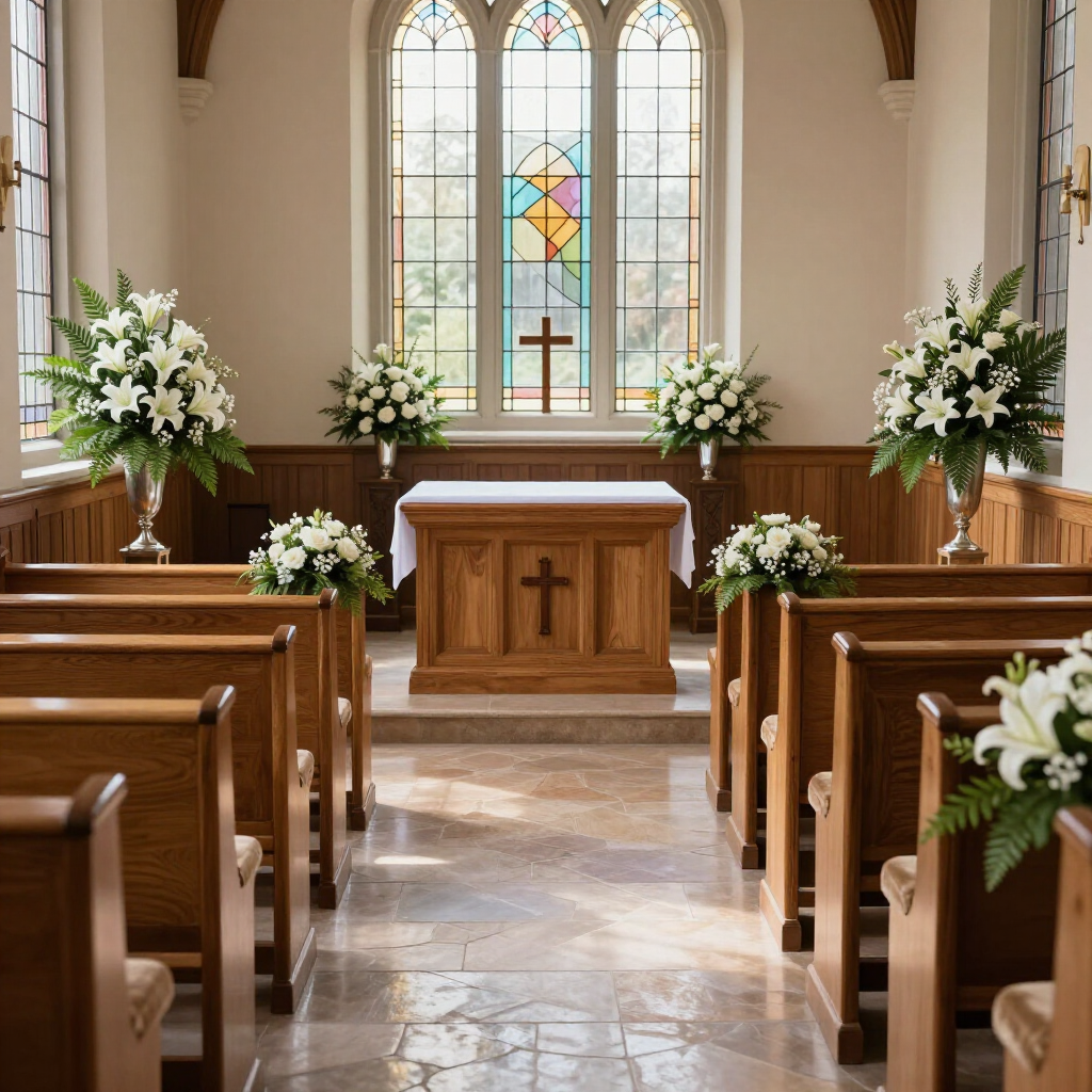 International Funeral Service Southview Trenton NJ - Church sanctuary with wooden pews, altar, white flowers.