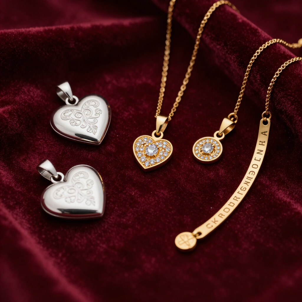 International Funeral Service Southview Trenton NJ - Heart-shaped pendant jewelry set in gold and silver on burgundy velvet.