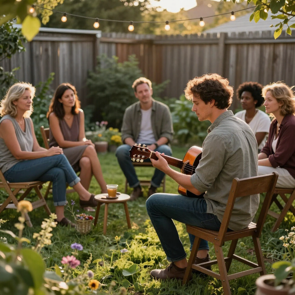 Friends sitting in a backyard circle, one playing guitar during an outdoor evening gathering under string lights.