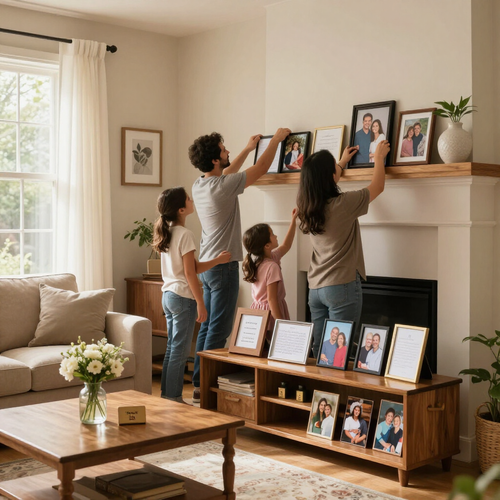 International Funeral Service Southview Trenton NJ - Family arranging framed photos on a living room mantel.