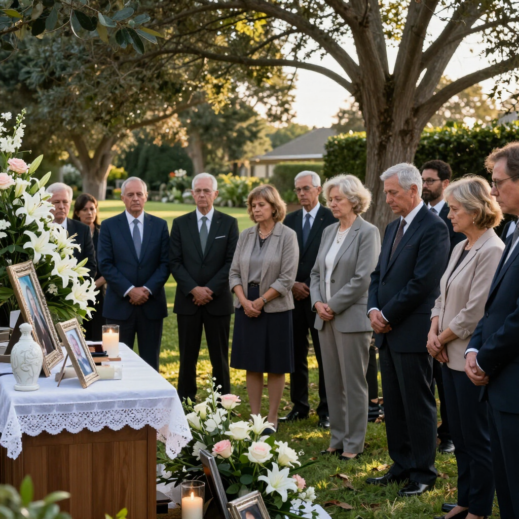 Mourners stand around a flower-covered memorial table with framed photos and candles outdoors at sunset