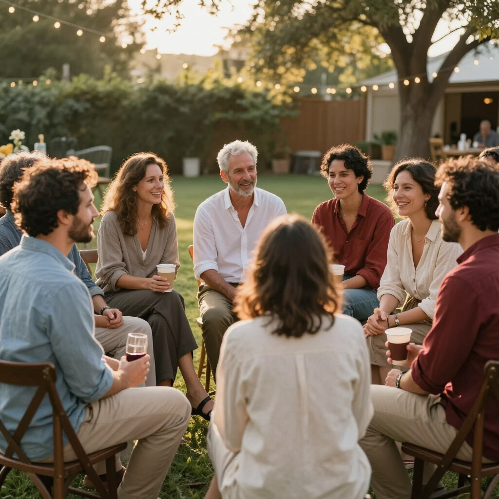 International Funeral Service Southview Trenton NJ - People seated in a circle outdoors at a backyard gathering, chatting.