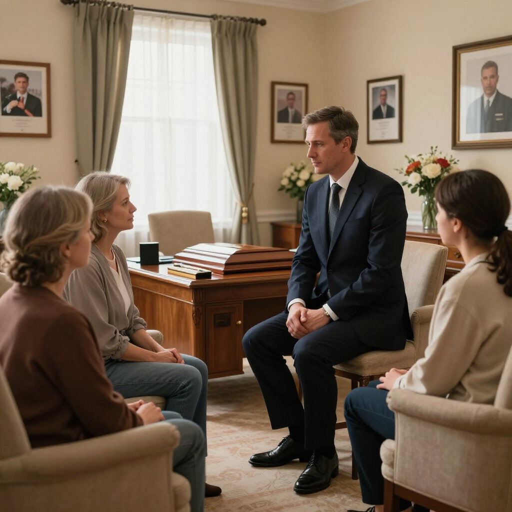 Counseling session in a beige office, with a suited man speaking to three seated women.