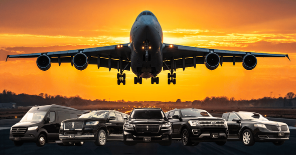 International Funeral Service Southview Trenton NJ - Black SUVs lined up beneath a large passenger jet taking off at sunset