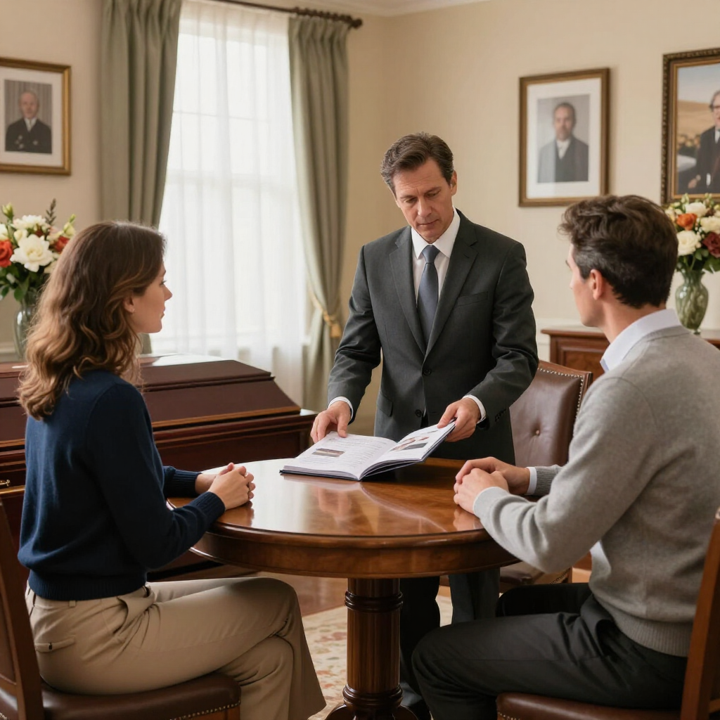 Three people discussing documents around a round table in a formal office room