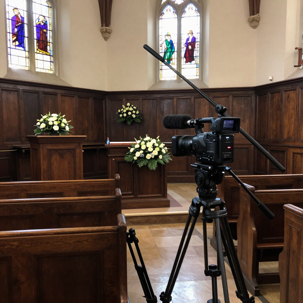 International Funeral Service Southview Trenton NJ - Video camera on tripod in a church sanctuary with stained-glass.