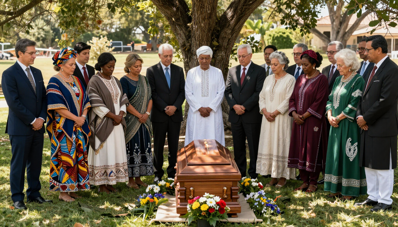 International Funeral Service Southview Trenton NJ - People gathered outdoors around a casket, with a man standing at center.