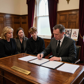 International Funeral Service Southview Trenton NJ - Man signing papers at a wooden desk while three people watch in a wood.