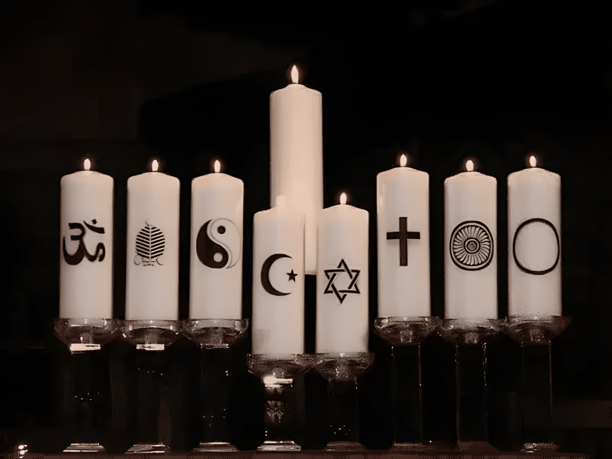 International Funeral Service Southview Trenton NJ - Seven white candles with symbols from different religions.