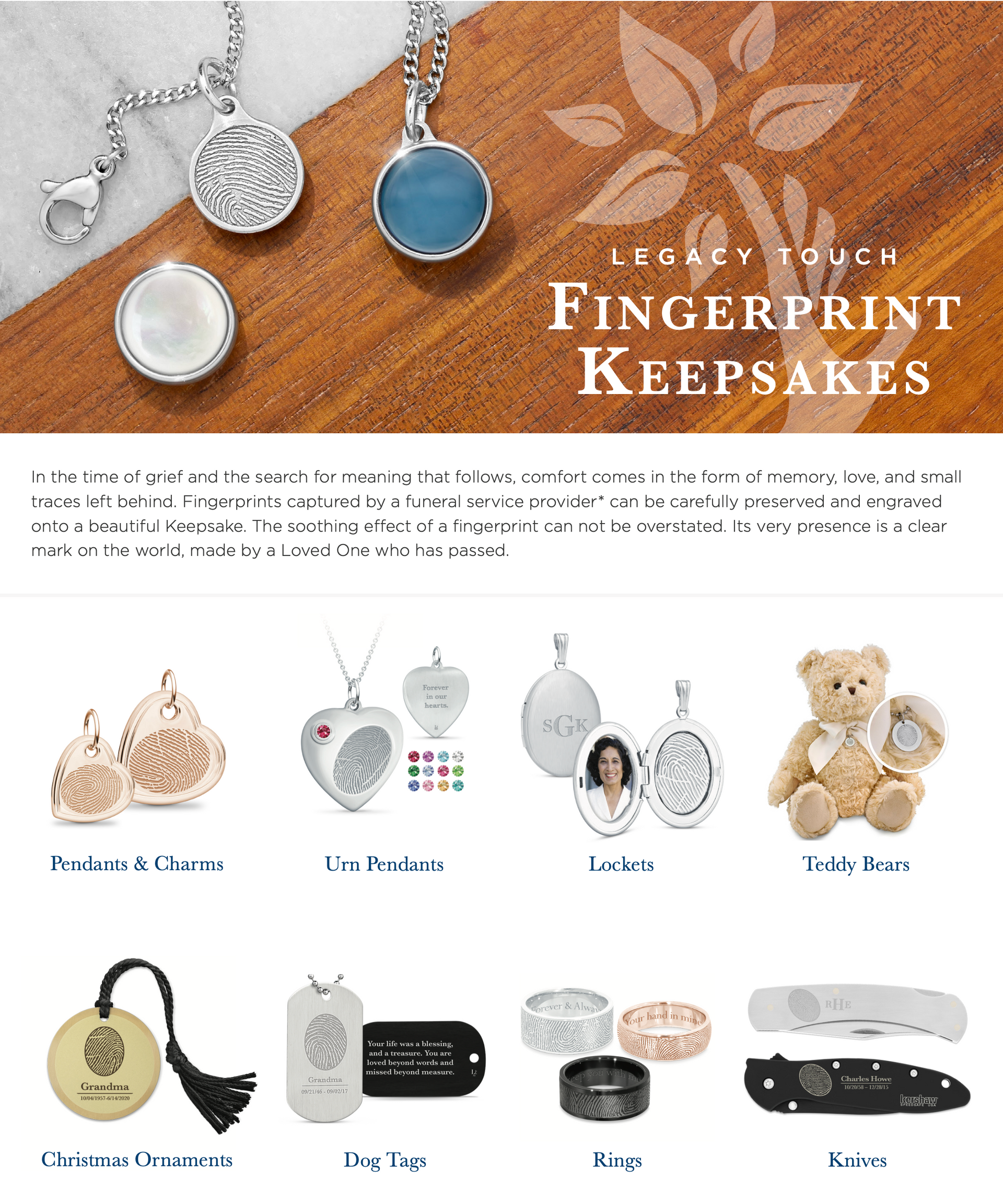 Fingerprints Keepsakes jewelry ad with silver pendants, charms, bracelets, and teddy bear keepsakes on wood background