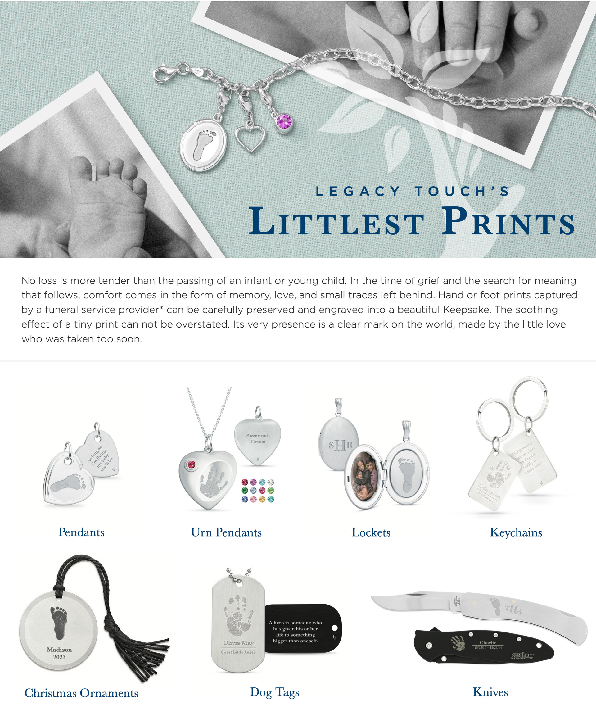 Littlest Prints keepsake jewelry ad with silver heart, oval, and fingerprint pendants on soft blue background