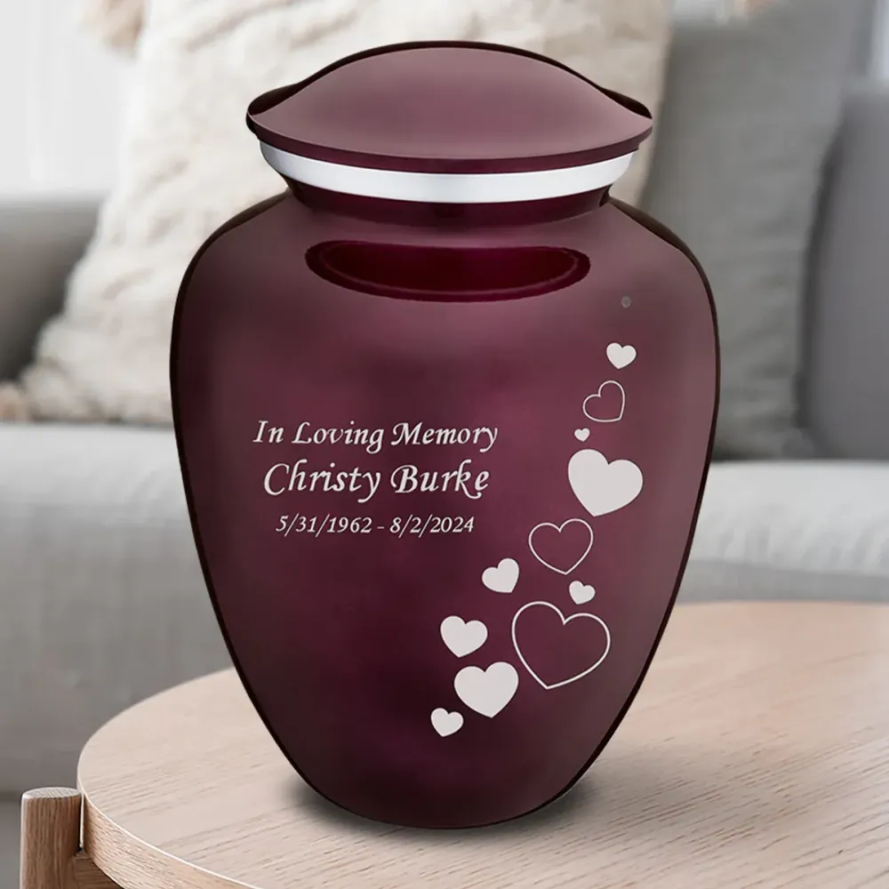 International Funeral Service Southview Trenton NJ - Maroon memorial urn with white hearts and personalized text