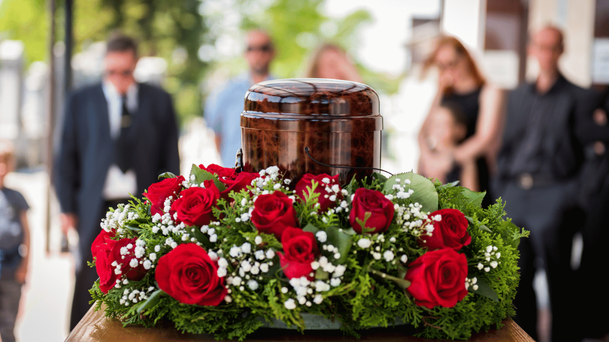 International Funeral Service Southview Trenton NJ - Floral wreath of red roses around a wooden urn at a funeral service.