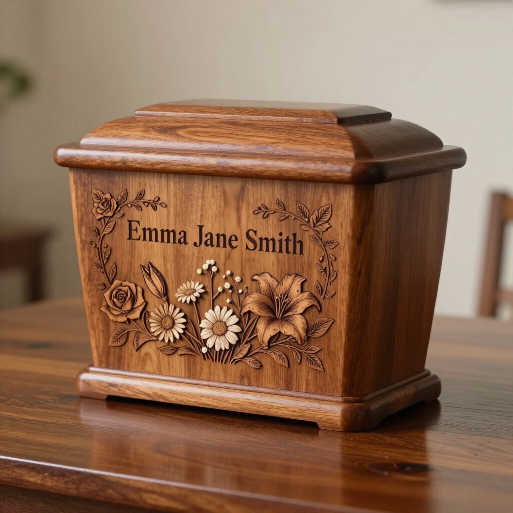 International Funeral Service Southview Trenton NJ - Wooden memorial urn engraved “Emma Jane Smith” with floral design.