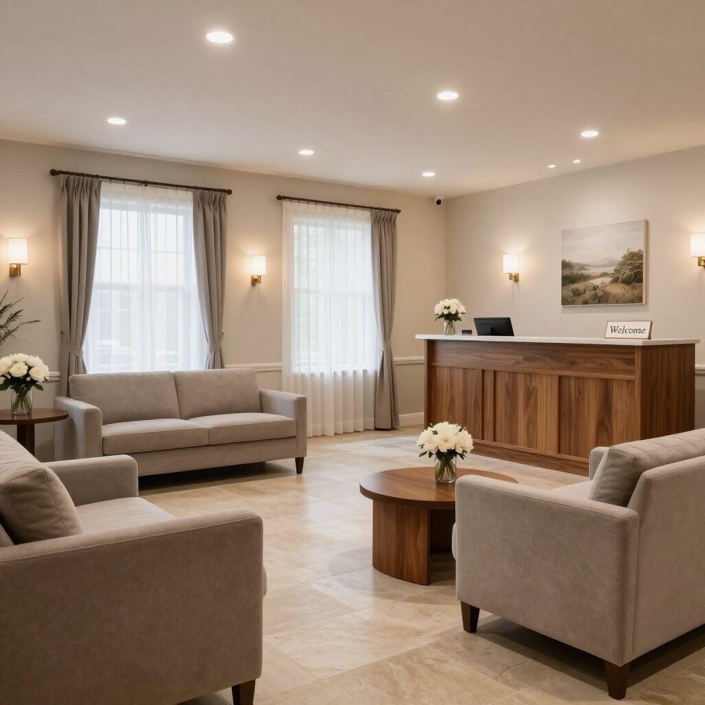 International Funeral Service Southview Trenton NJ - Bright, modern waiting room with beige sofas, wood desk and soft light.