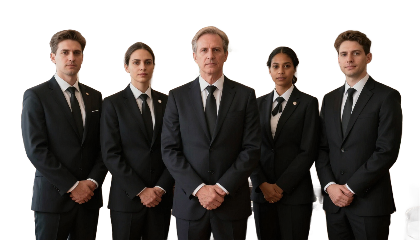 Five business professionals in dark suits standing together against a white background