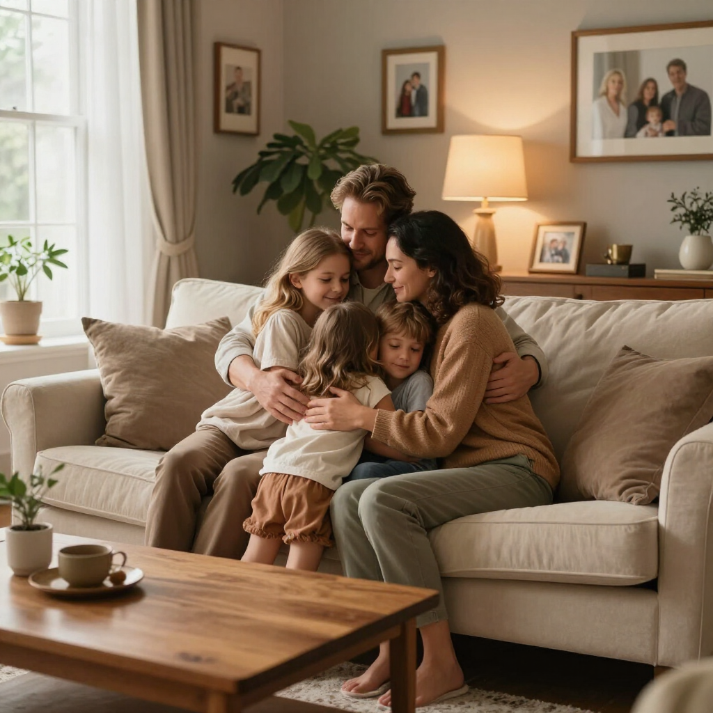 Family cuddling on a beige couch in a cozy living room with warm lamp light and framed photos.