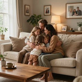 International Funeral Service Southview Trenton NJ - Family sitting together on a beige couch in a cozy living room, smiling.