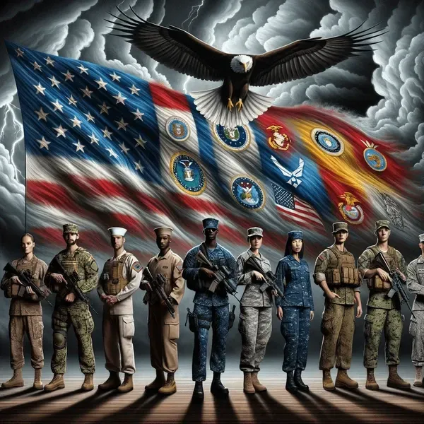 International Funeral Service Southview Trenton NJ - U.S. military personnel stand before a waving American flag and eagle.