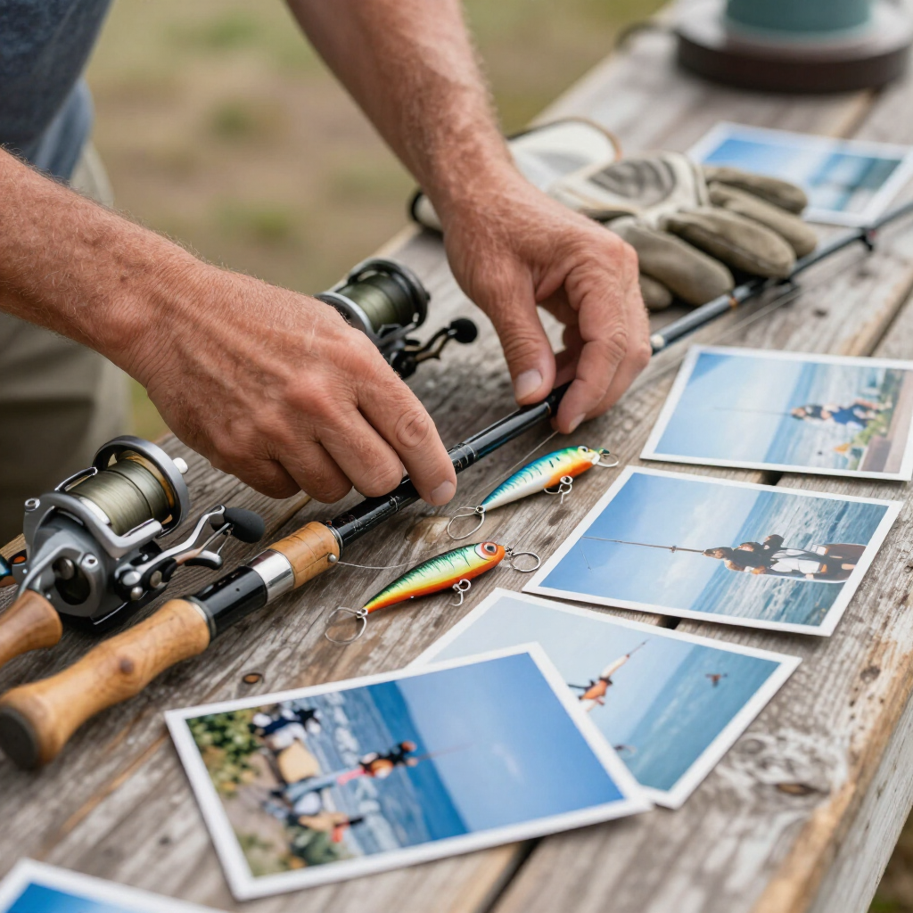 International Funeral Service Southview Trenton NJ - Hands arranging fishing tackle and printed beach photos on a weathered.