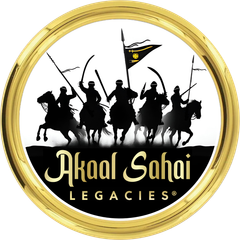 Akaal Sahai Legacies logo with silhouetted riders and a flag inside a gold circular emblem