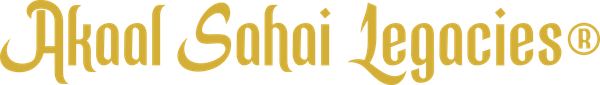 Akaal Sahai Legacies gold logo with stylized text and decorative flourish on a white background